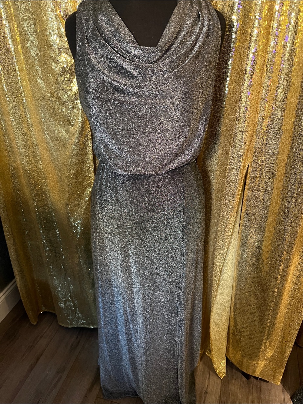 Chenault Silver Shimmer Cowl Neck Maxi Dress